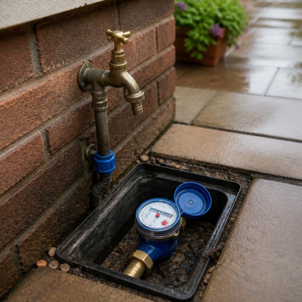 Water meter and external stop tap beside a paved garden area