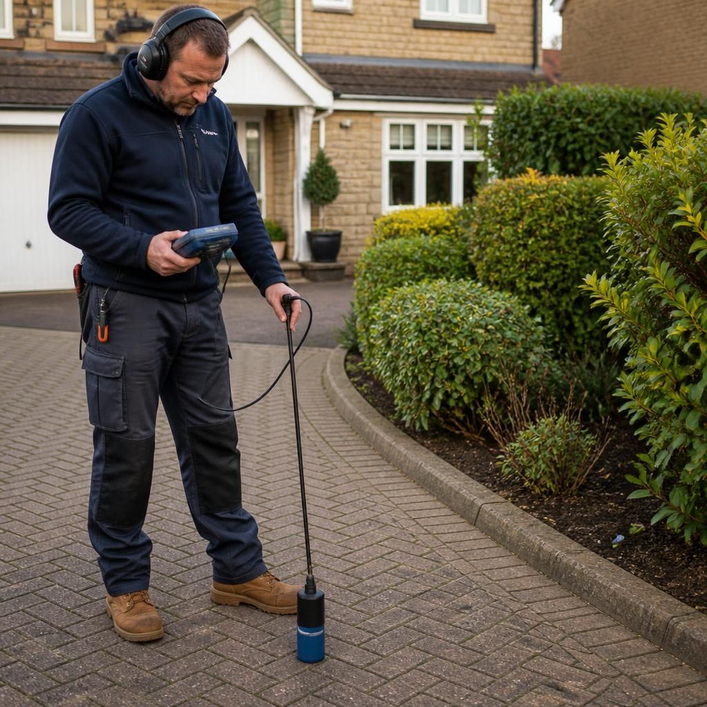 Plumber using acoustic leak detection equipment beside a paved driveway