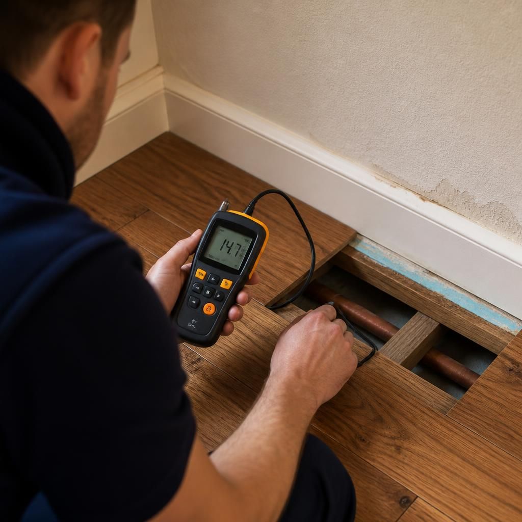 Technician using a moisture meter beside floorboards during a leak inspection