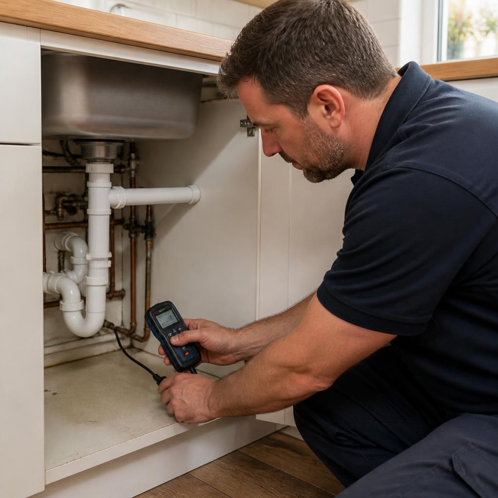 Plumber checking pipework beneath a kitchen sink with a moisture meter
