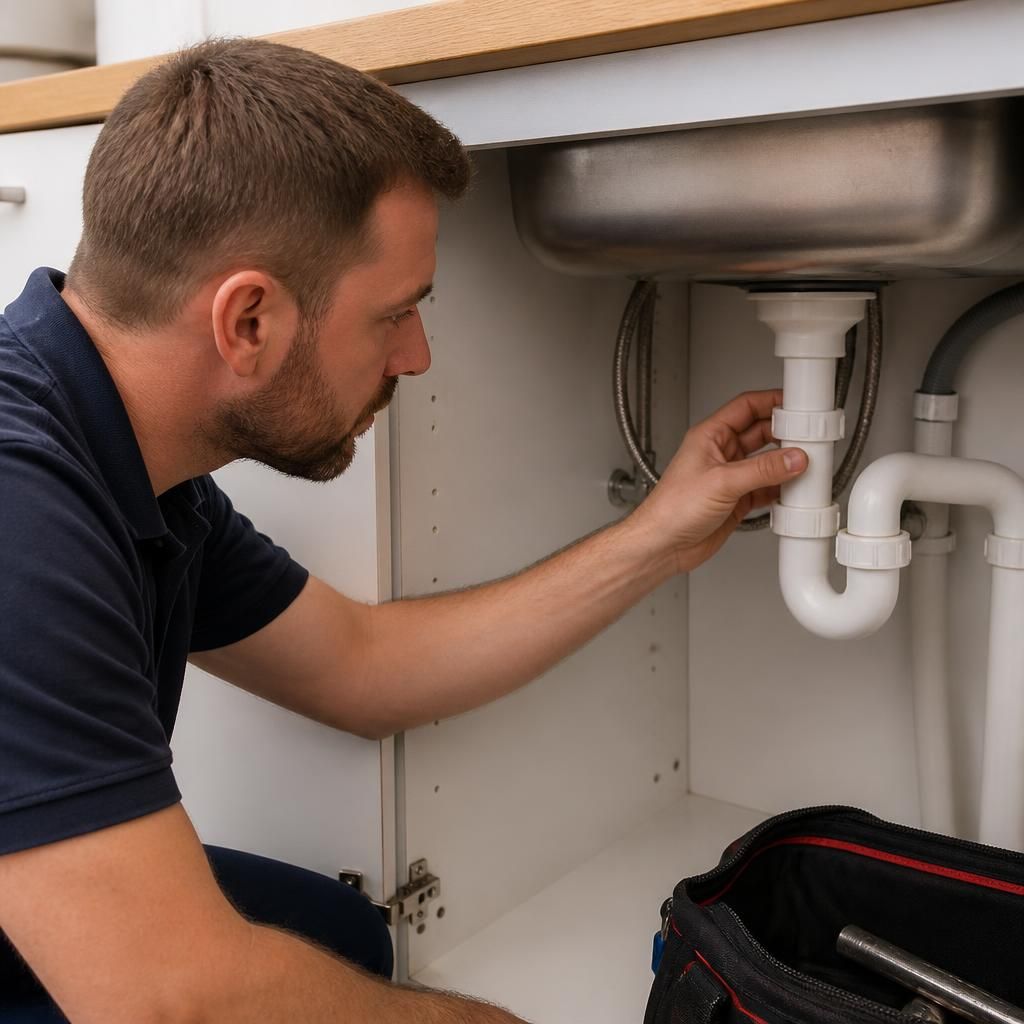 Plumber checking a repaired pipe joint beneath a kitchen sink