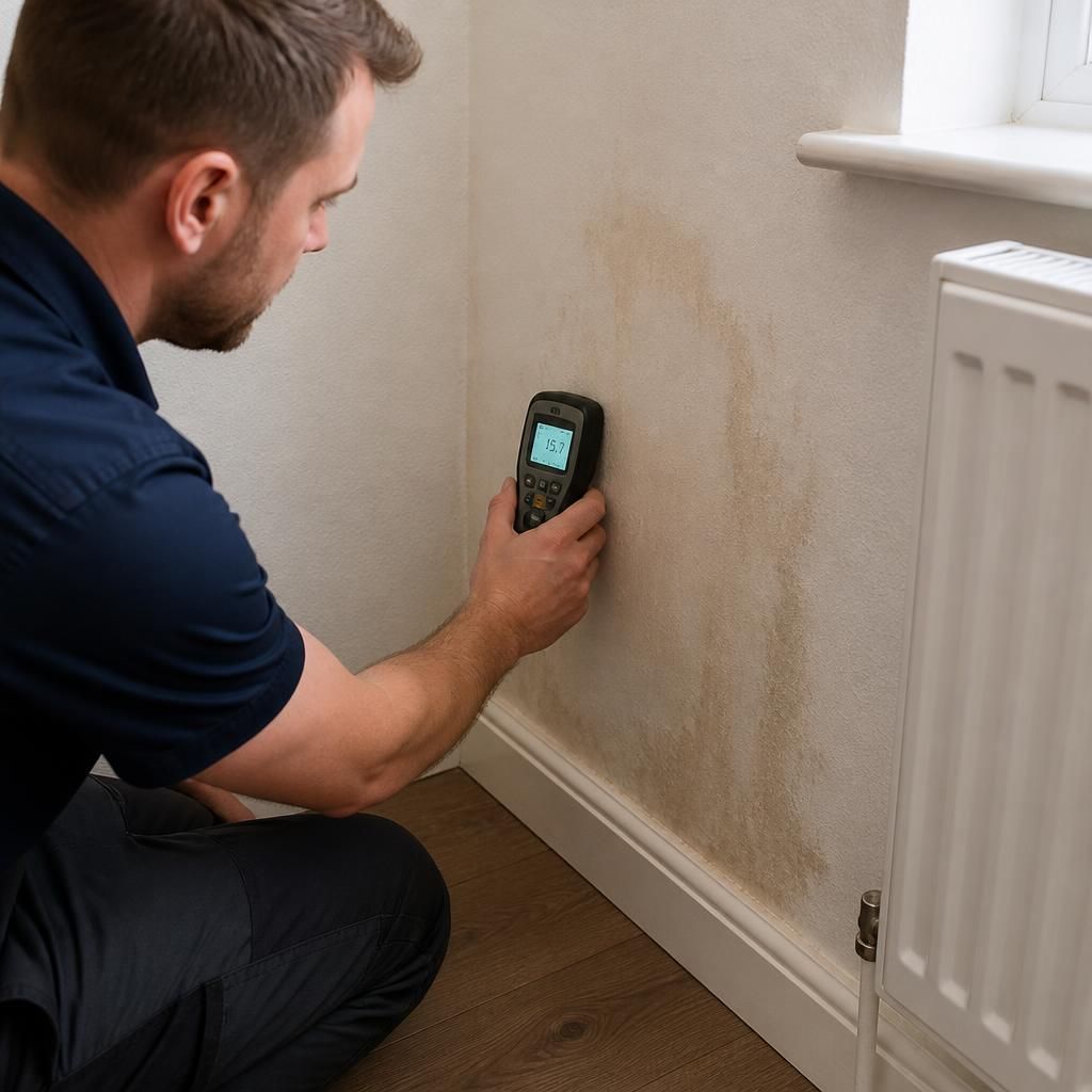 Plumber using a moisture meter to inspect a wall for a hidden water leak