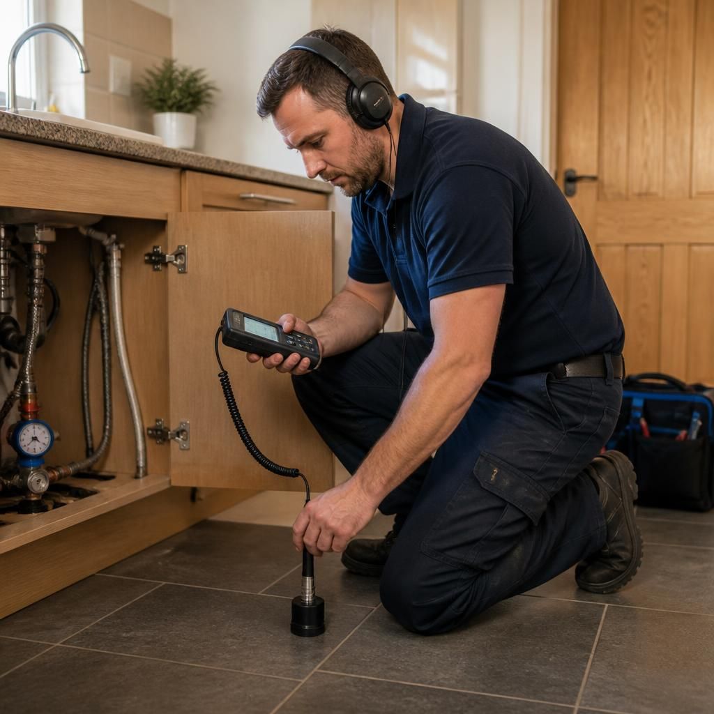 Plumber using electronic equipment to trace a hidden water leak in a domestic property