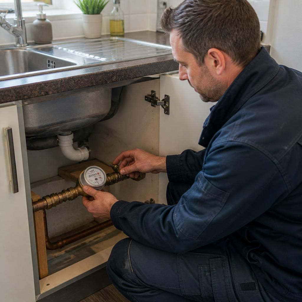 Plumber checking a water meter beside a kitchen sink