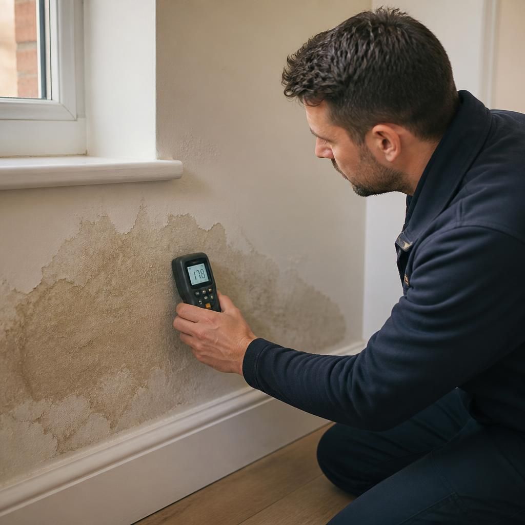 Plumber using a moisture meter to check a damp wall