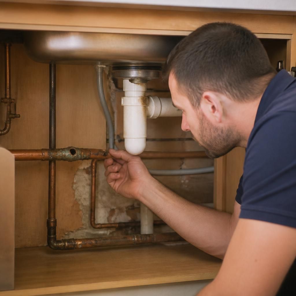 Plumber inspecting an exposed pipe joint beneath a kitchen sink