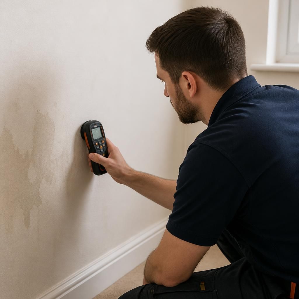 Plumber using a moisture meter to inspect a wall for signs of a concealed water leak