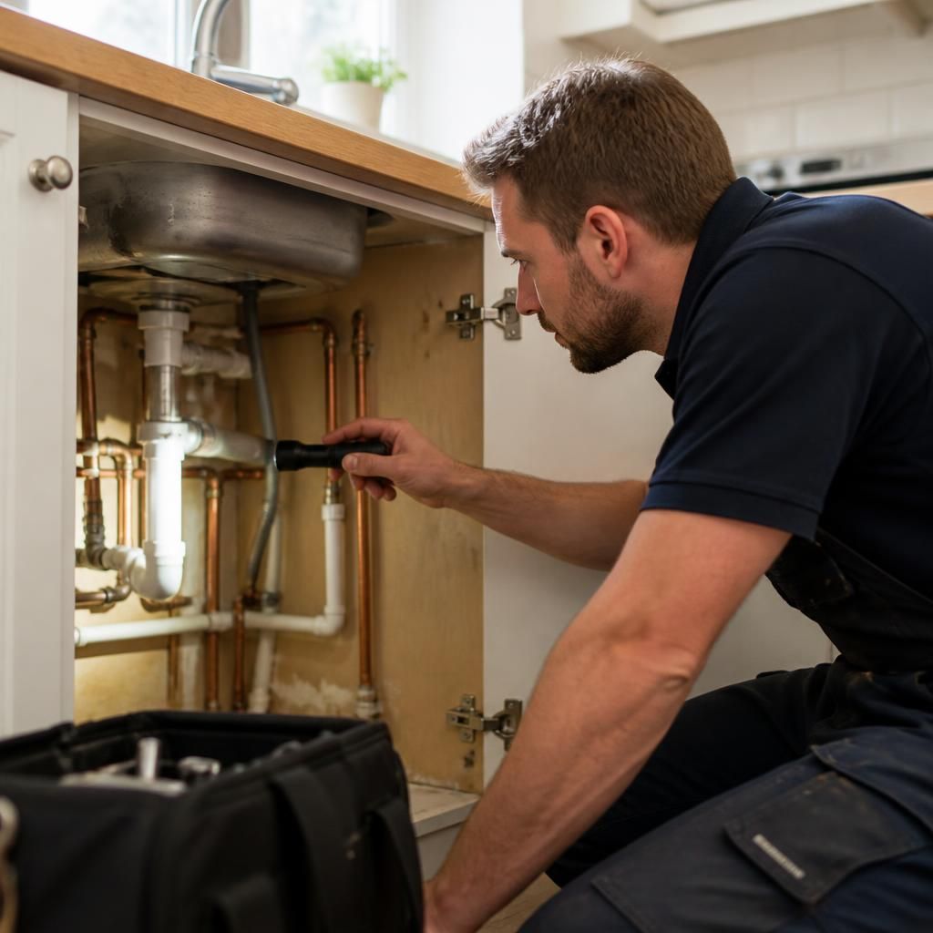 Plumber inspecting exposed pipework beneath a kitchen sink in a rented flat