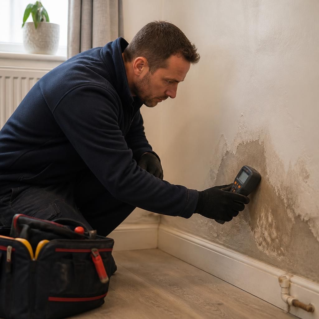 Plumber using a moisture meter to inspect a damp wall