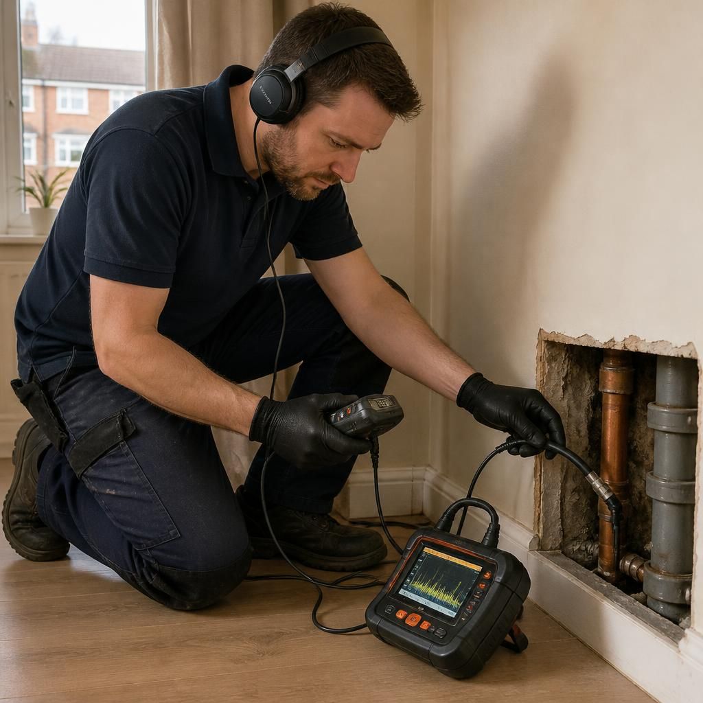 Plumber using moisture detection equipment beside a leaking pipe in a rented home