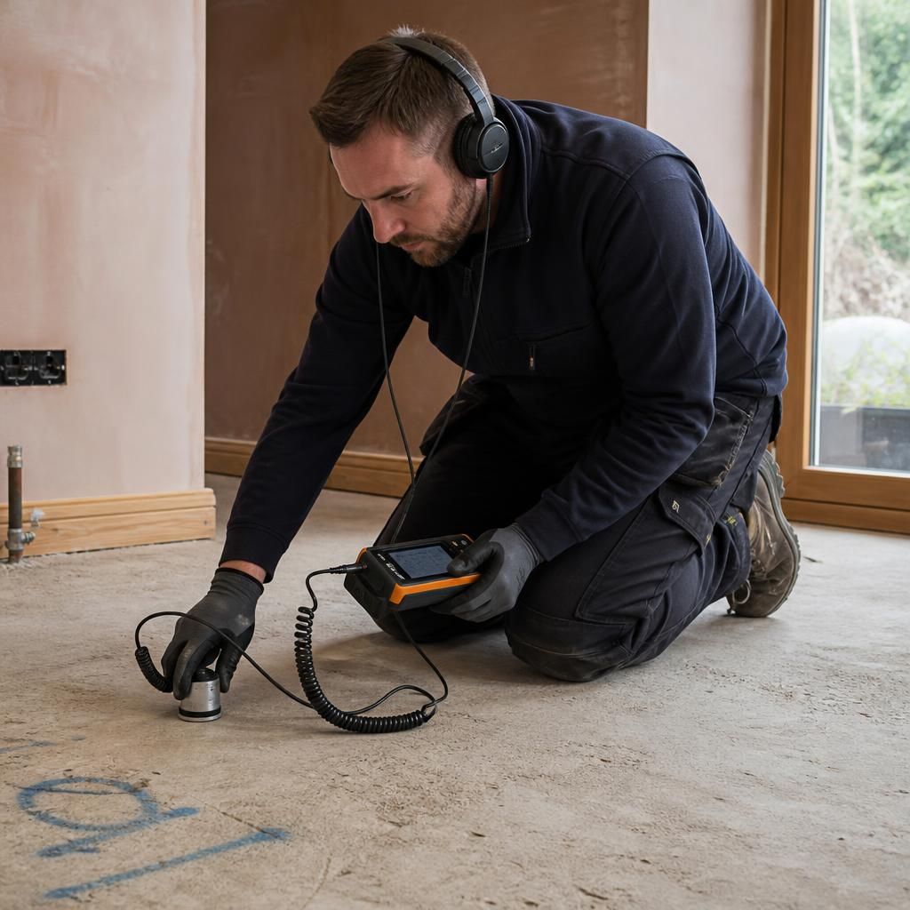 Plumber using acoustic equipment to inspect pipework beneath a concrete floor