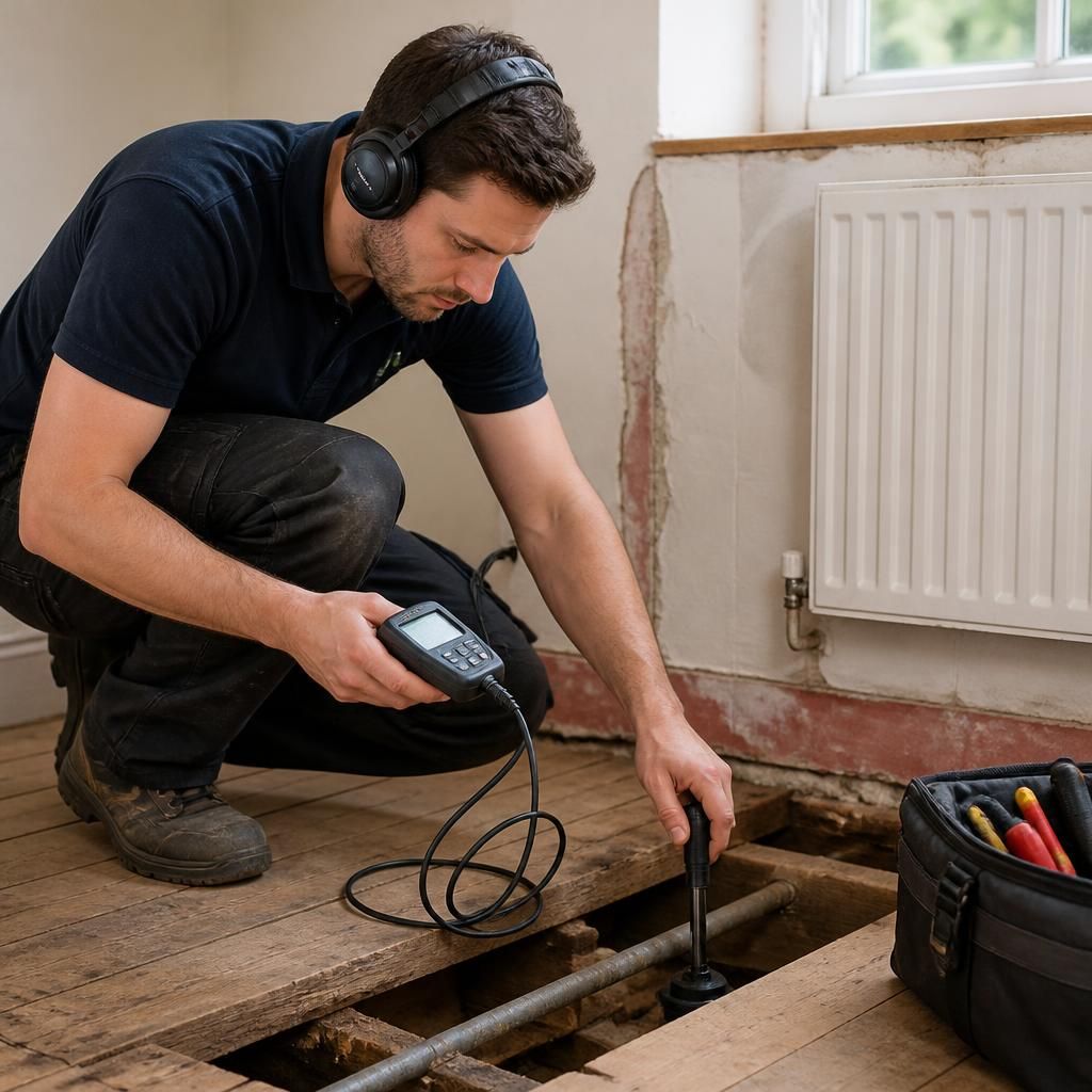 Technician using electronic equipment to trace a hidden water leak beneath a floor