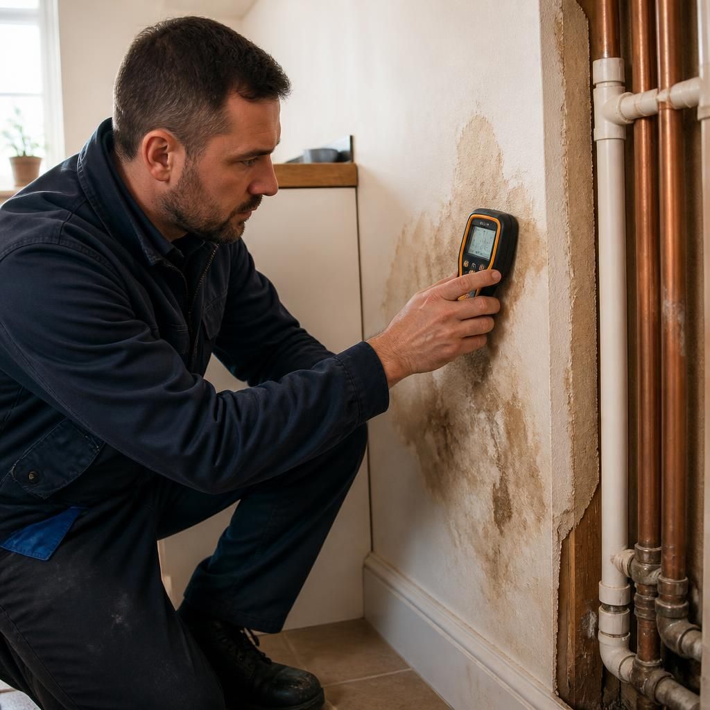 Plumber examining damp staining beside exposed pipework with a moisture meter