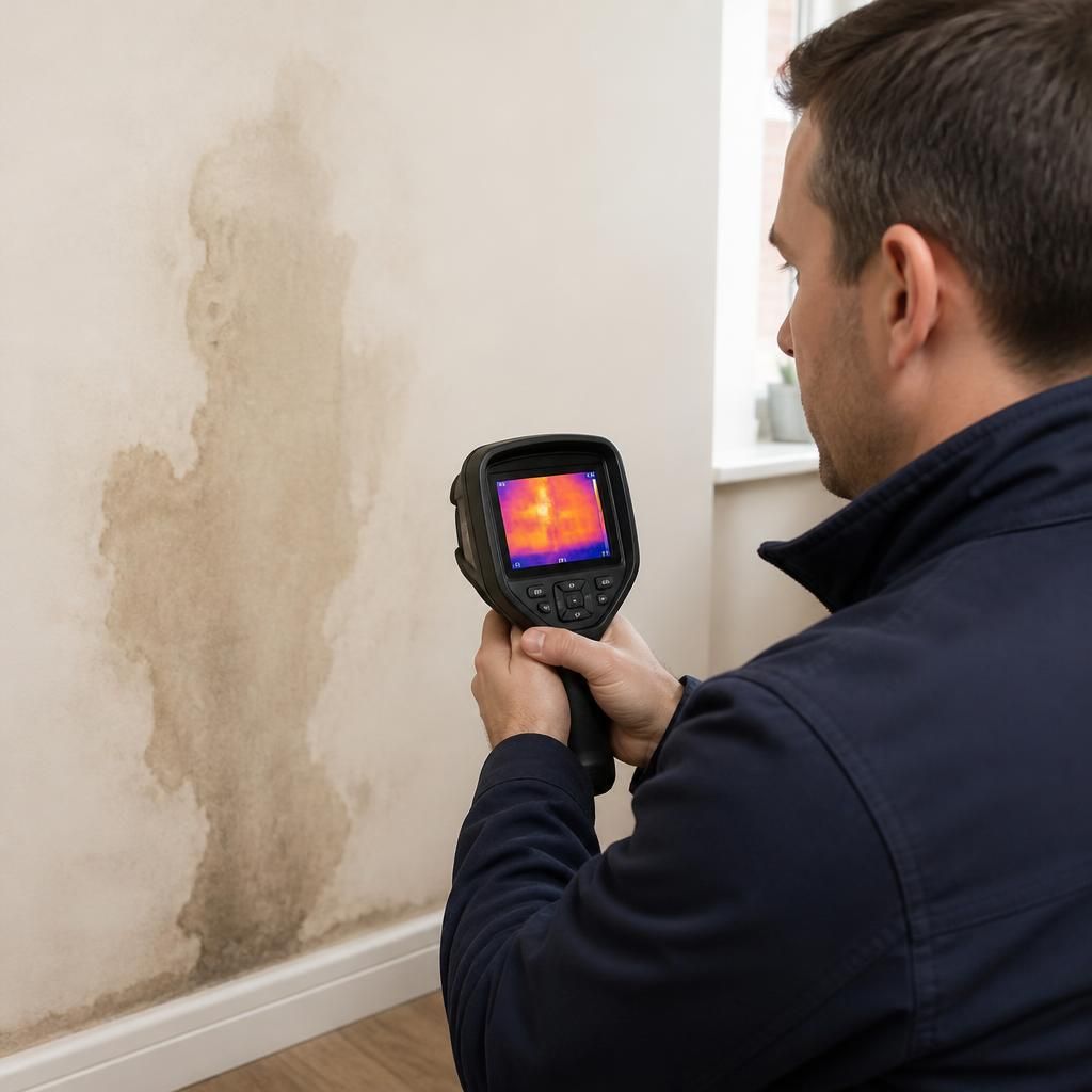 Technician using a thermal imaging camera to inspect a wall for signs of a water leak
