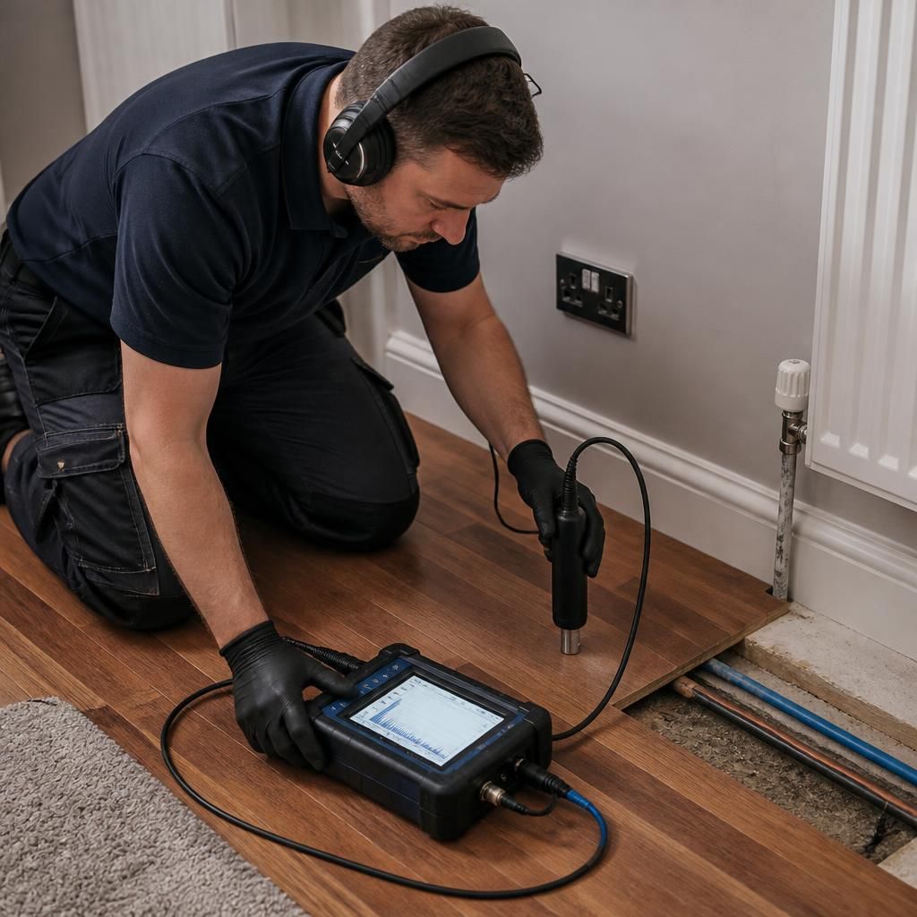 Plumber using electronic equipment to trace a hidden water leak beneath flooring