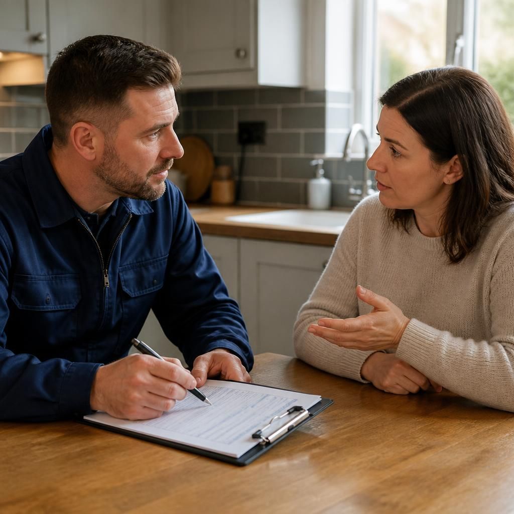Plumber discussing water leak symptoms with a homeowner