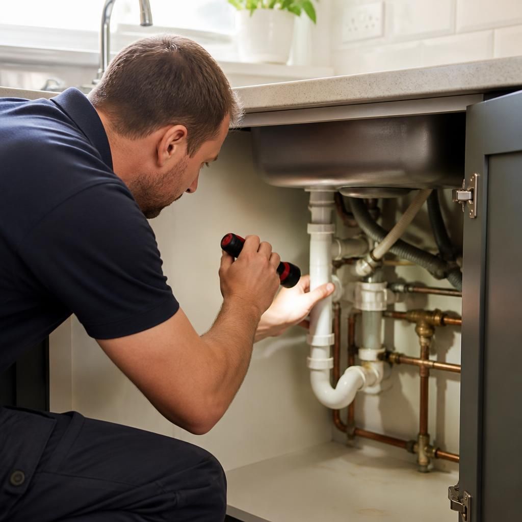Plumber inspecting pipework beneath a kitchen sink