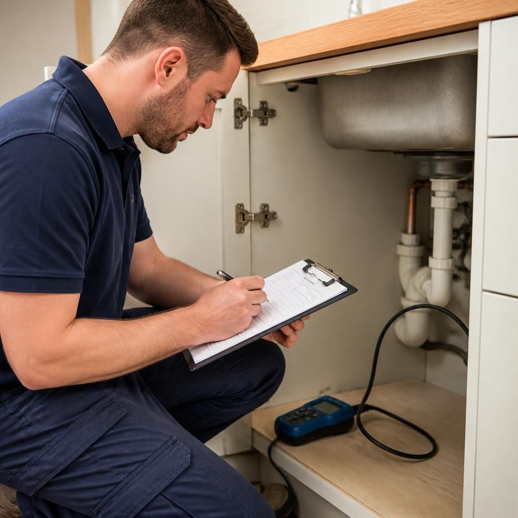 Plumber taking notes during a water leak inspection