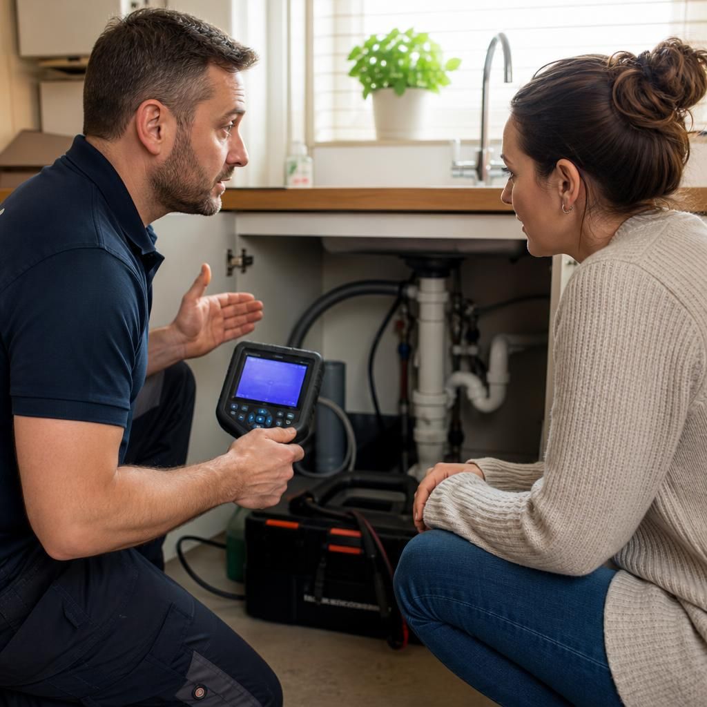 Plumber explaining water leak detection findings to a customer