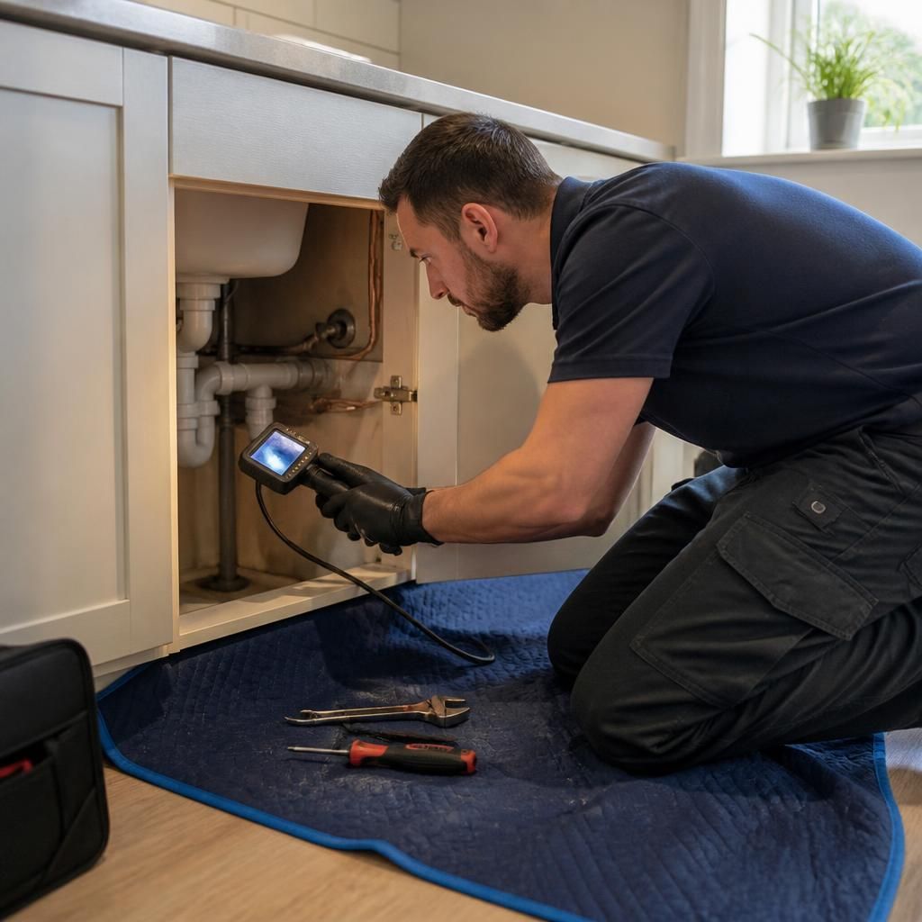 Plumber protecting flooring while investigating a water leak