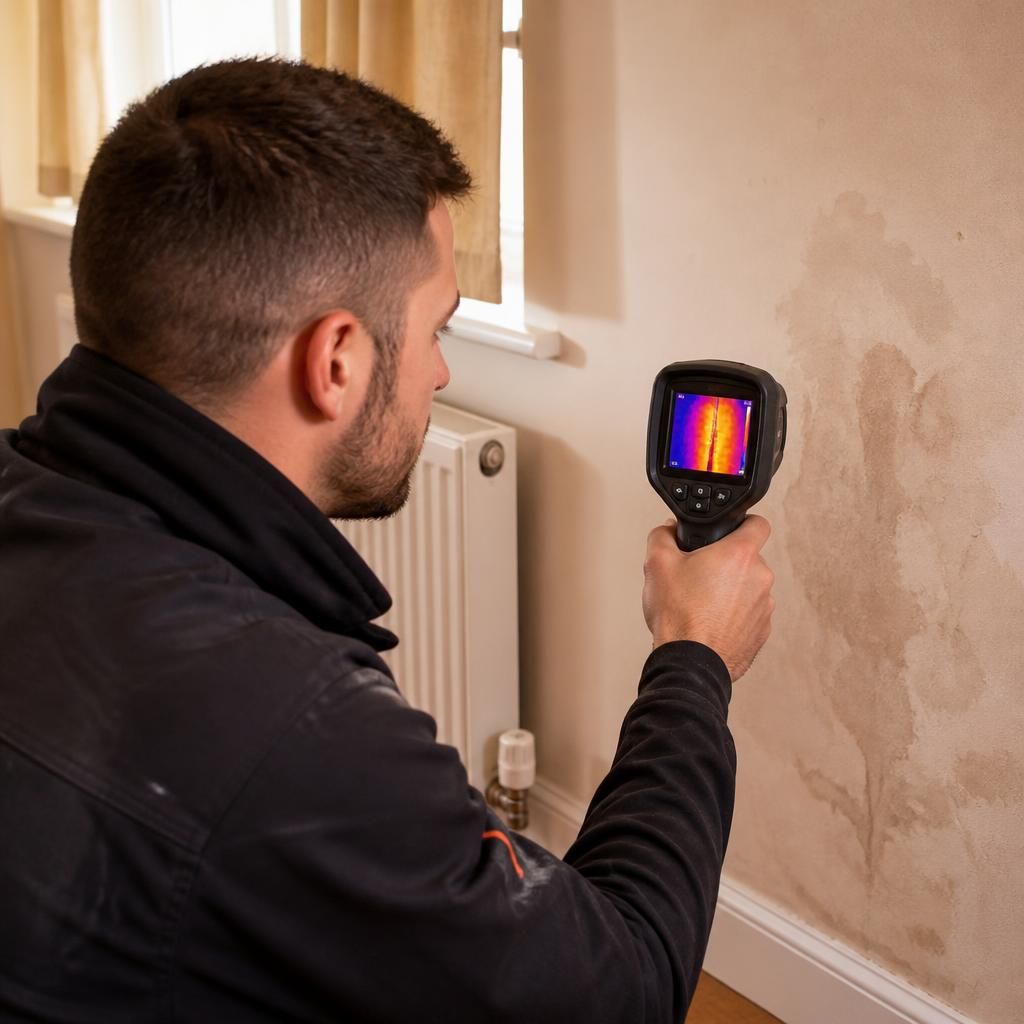 Engineer using a thermal imaging camera to inspect a wall for a concealed leak