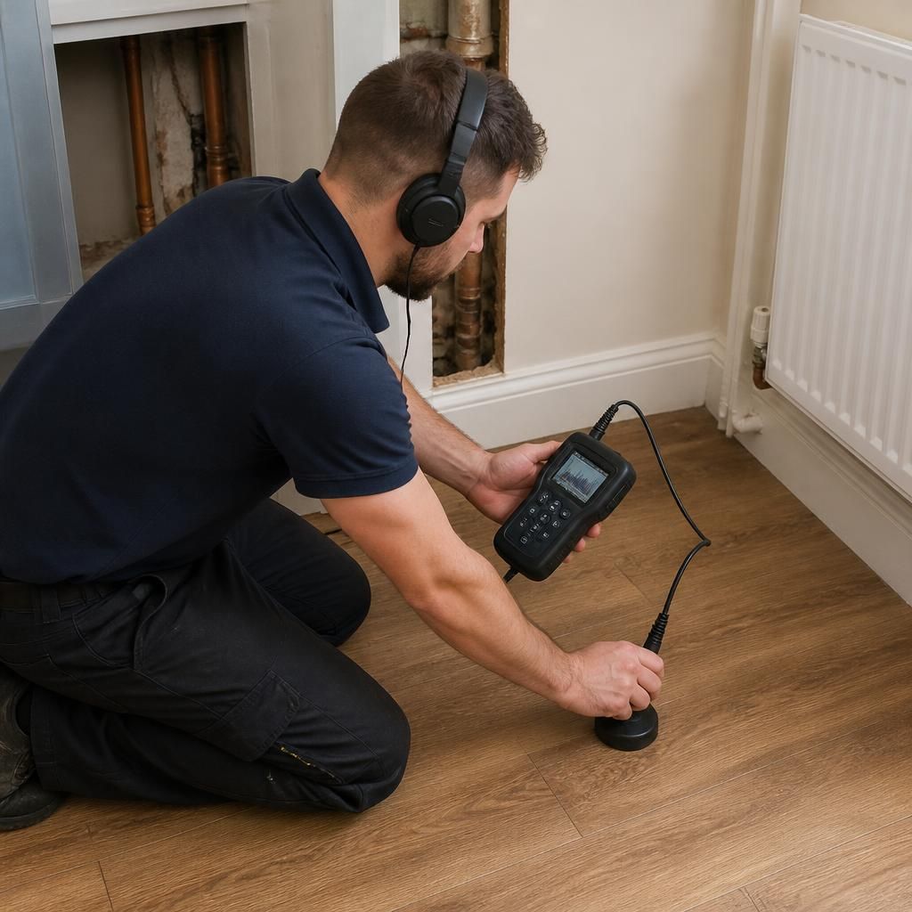Plumber using electronic equipment to investigate a concealed pipe leak