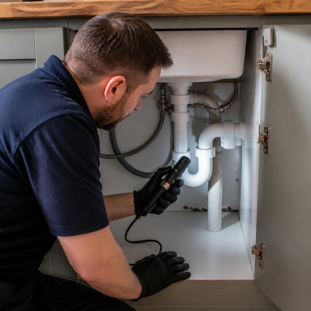 Plumber inspecting a domestic water supply for signs of a hidden leak