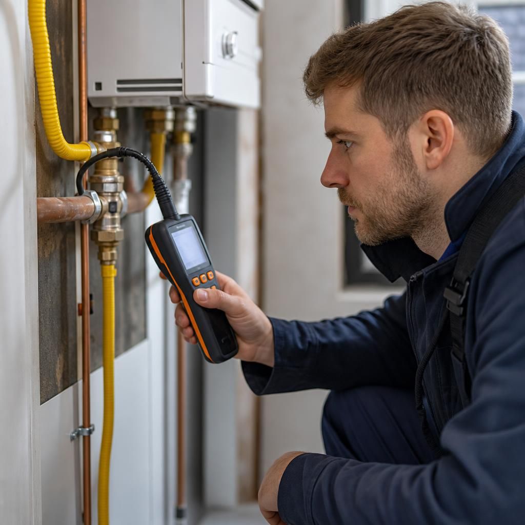 Specialist checking gas pipework and connections for a possible leak