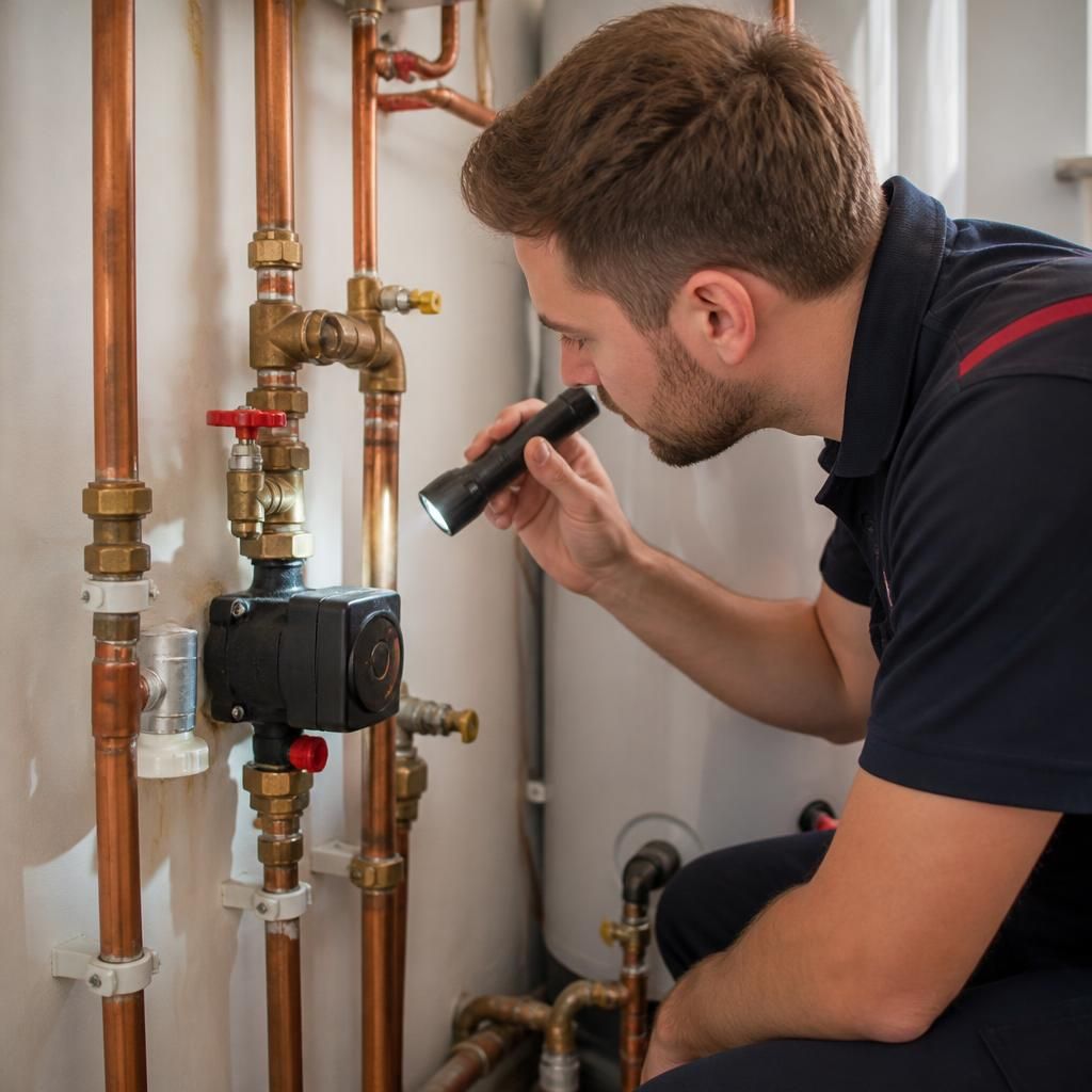 Engineer examining heating pipework for signs of water leakage