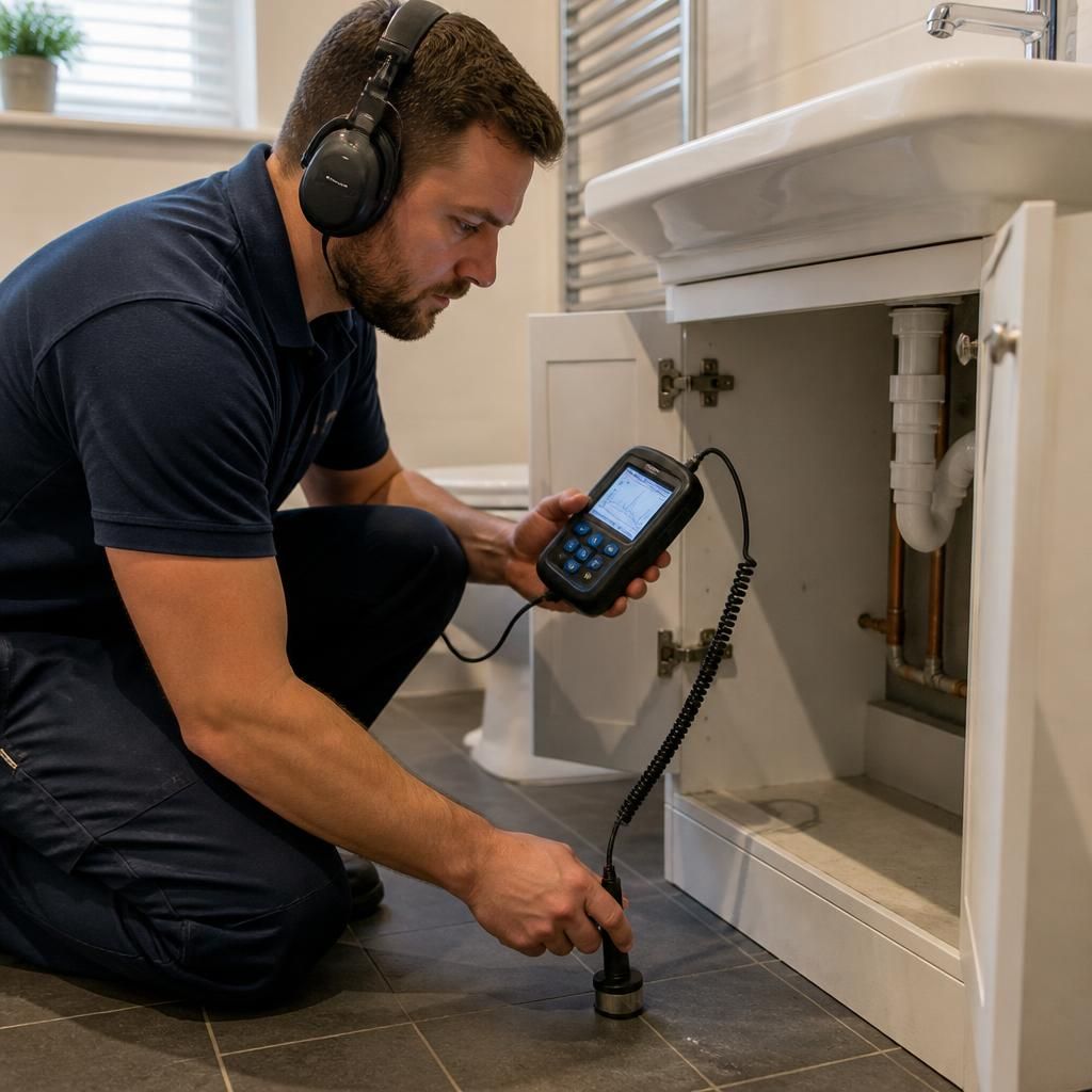 Plumber using inspection equipment to trace the source of a building leak