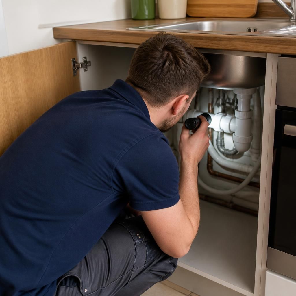 Plumber inspecting pipework beneath a kitchen sink