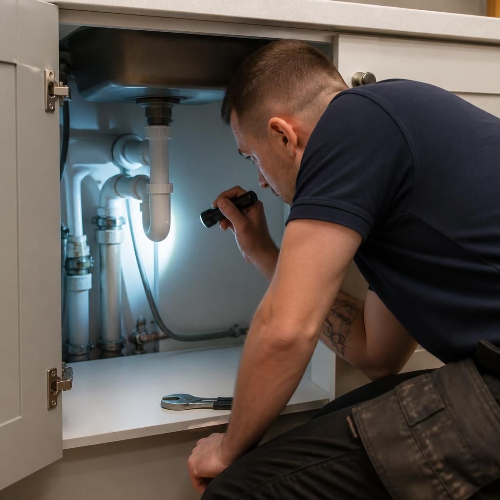 Plumber inspecting pipework beneath a kitchen sink
