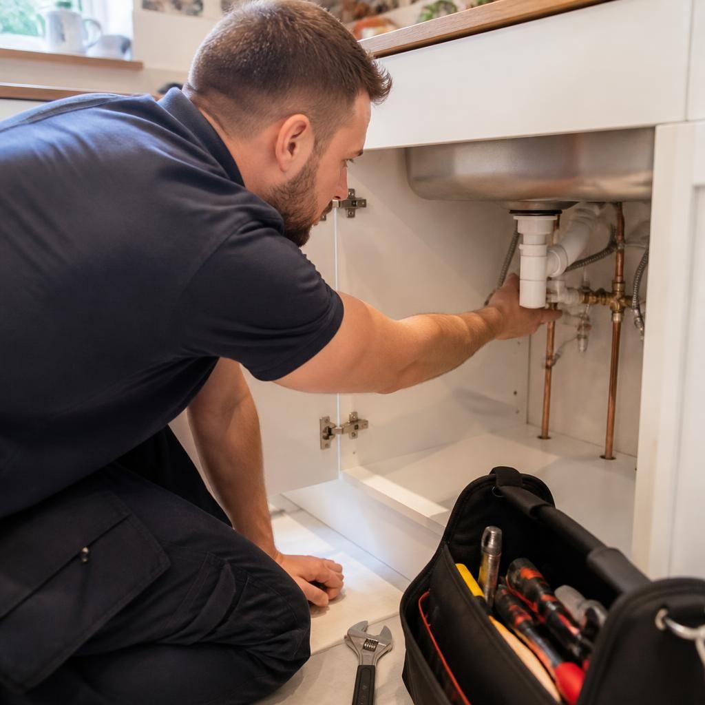 Plumber inspecting pipework beneath a kitchen sink in a Sandwell home