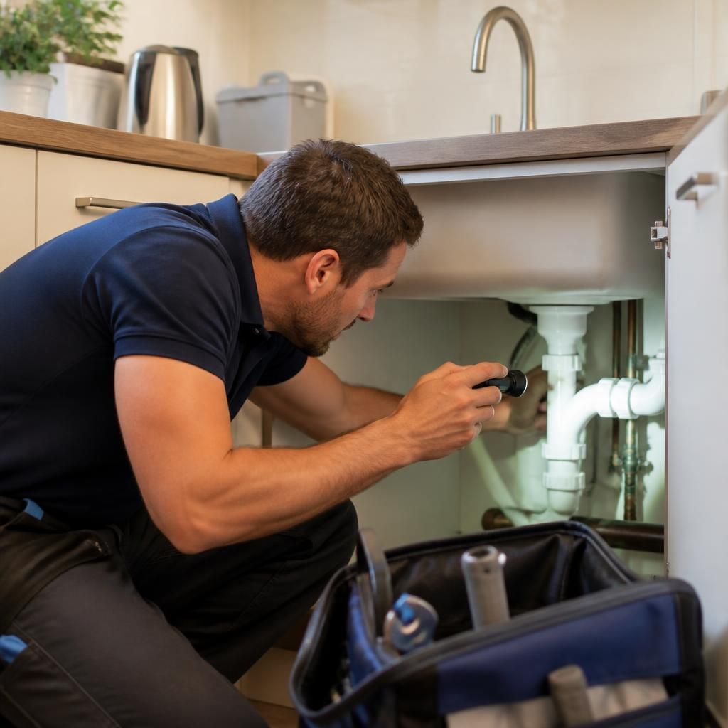 Plumber inspecting pipework beneath a kitchen sink in a Solihull home
