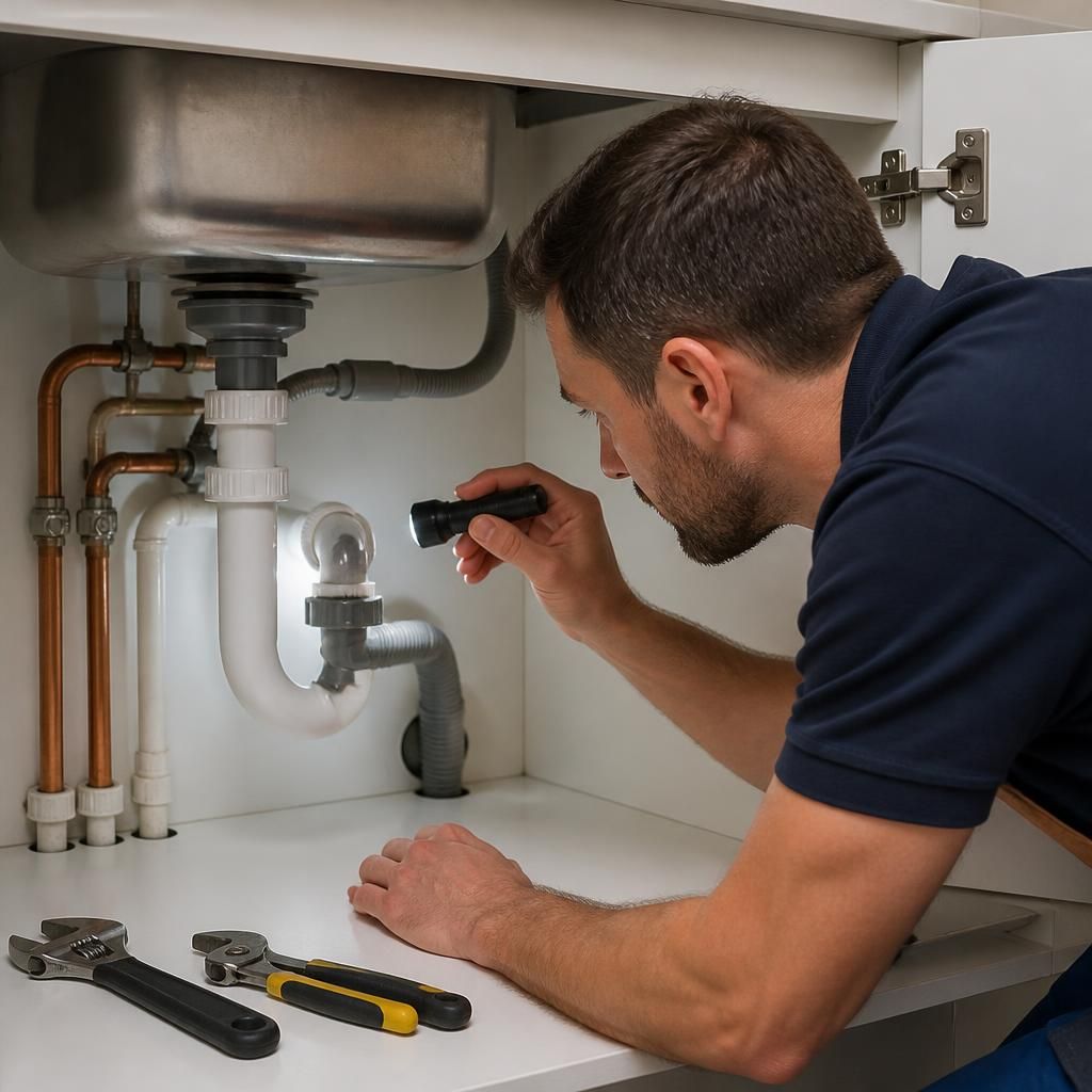Plumber inspecting pipework beneath a household sink in Warley