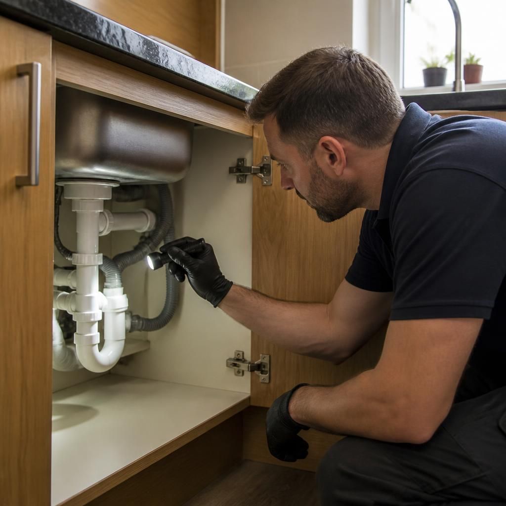 Plumber inspecting pipework beneath a kitchen sink in a Wolverhampton home